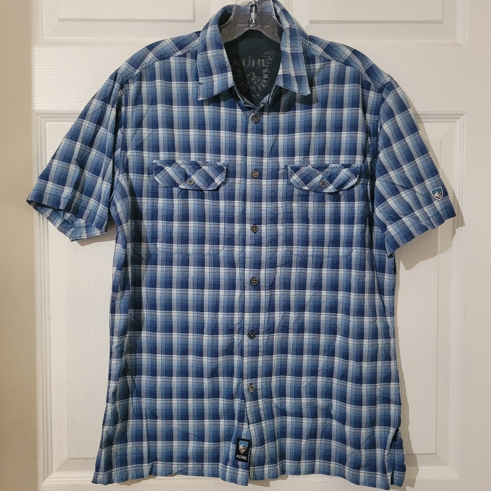 Men Size Medium Kuhl Plaid Botton Down Shirt Blue